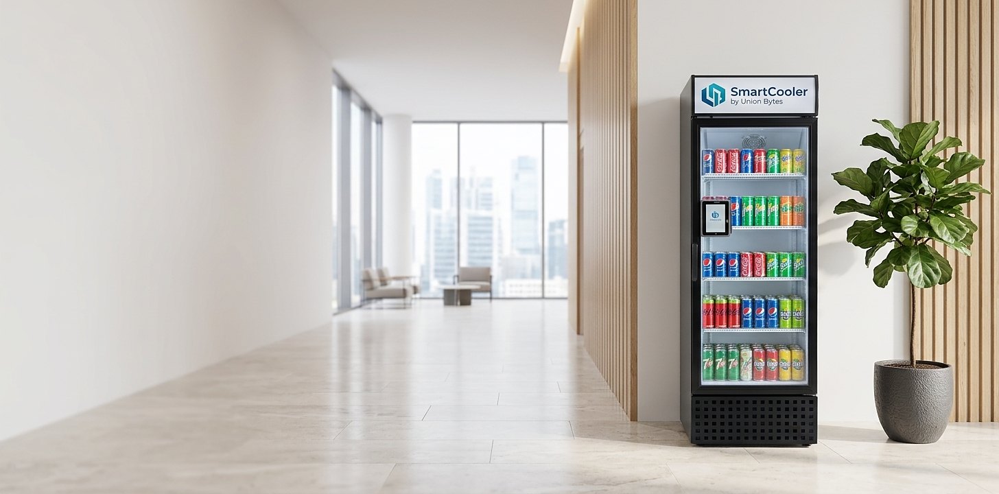 Ofis lobisinde duran, içecek dolu SmartCooler akıllı otomat